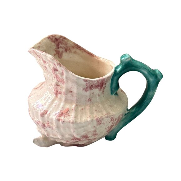 Great Bay Pottery Handcrafted Pink Spongeware Creamer Pitcher with Green Handle - Picture 3 of 11